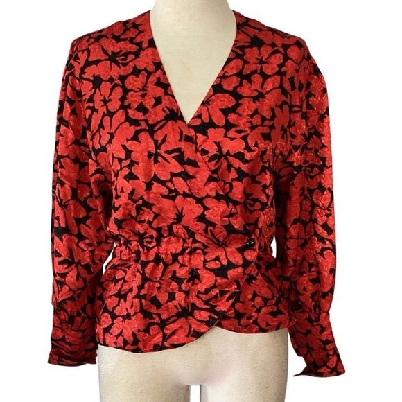 Vintage Jaeger Wrap Front V-Neckline Blouse Women’s 34”/86cm Red Black Floral - Picture 1 of 10